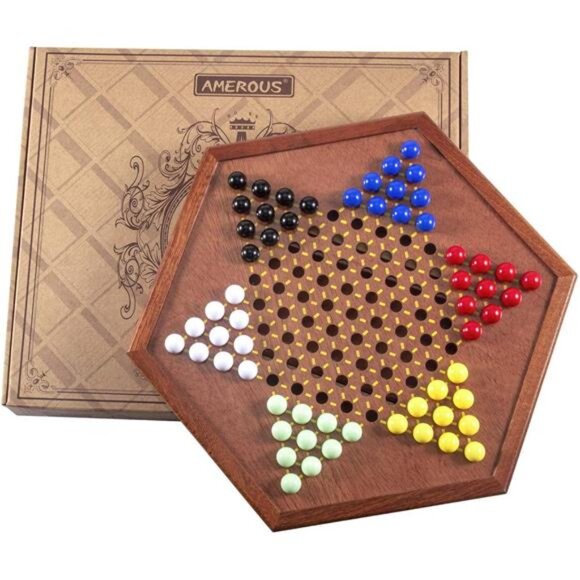 Wooden Chinese Checkers Set with Storage Drawer - 60 Acrylic Marbles in 6 Colors - Picture 6 of 7